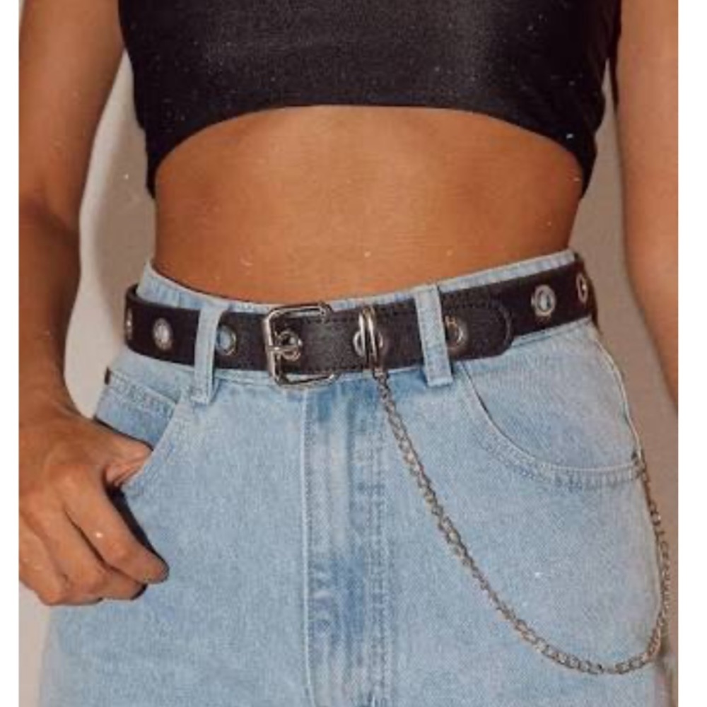 Single Grommet Belt Faux Leather Black Sliver Larg